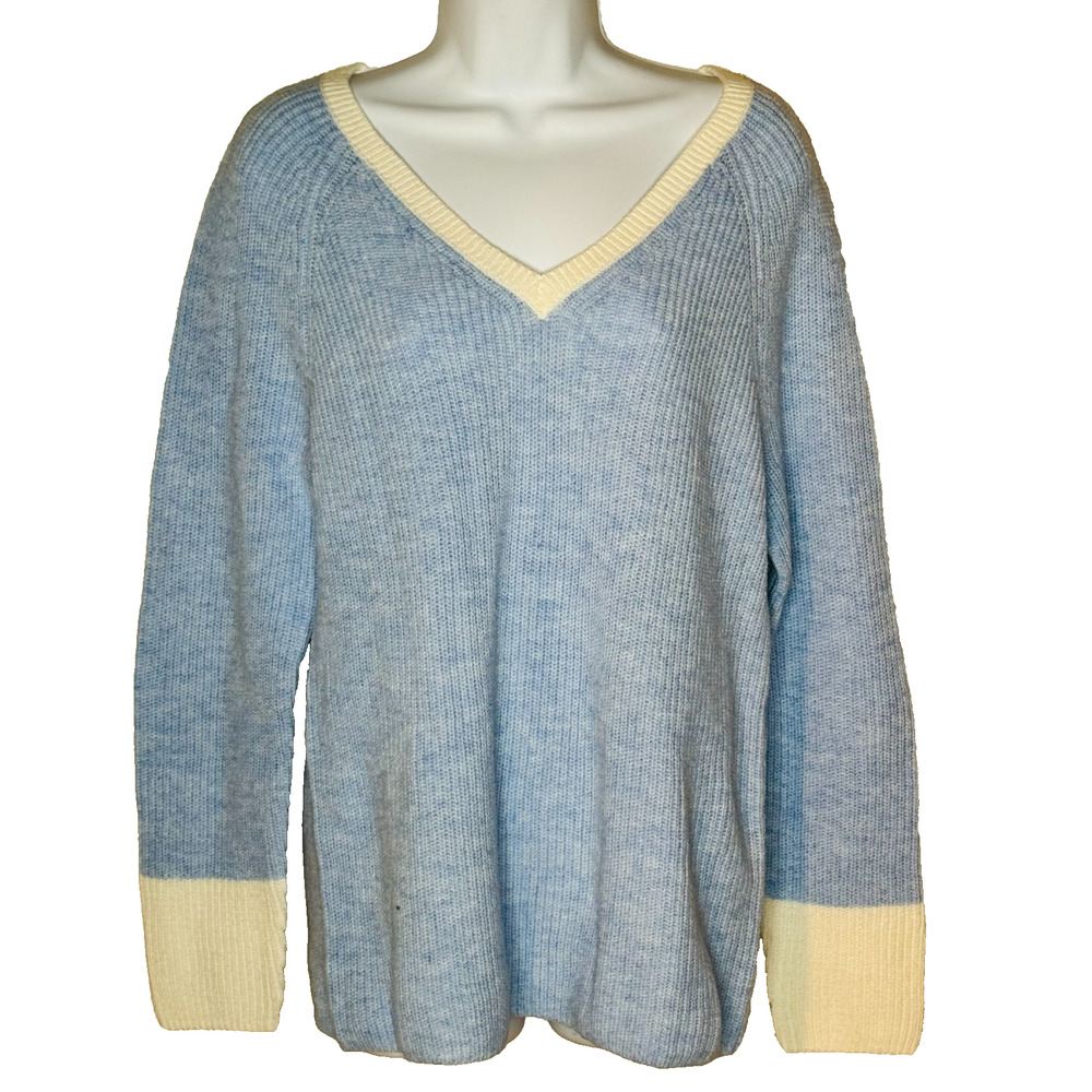 Talbots V Neck Knit Sweater Size L Blue and Cream Cotton Blend Nautical Coastal
